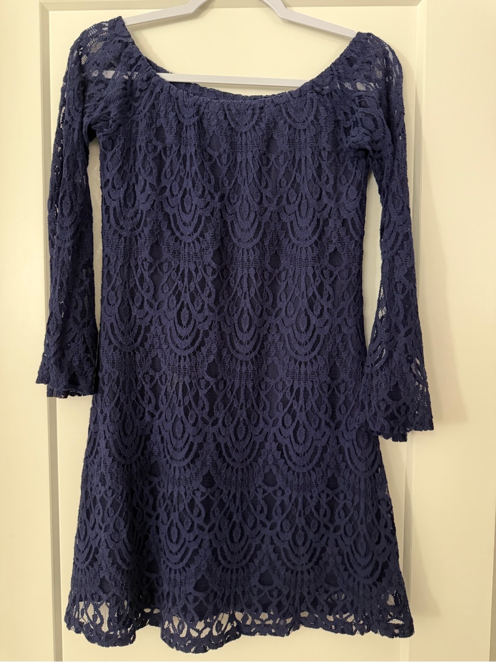 Fashion Union Navy Lace Off-Shoulder Long Sleeve Dress
